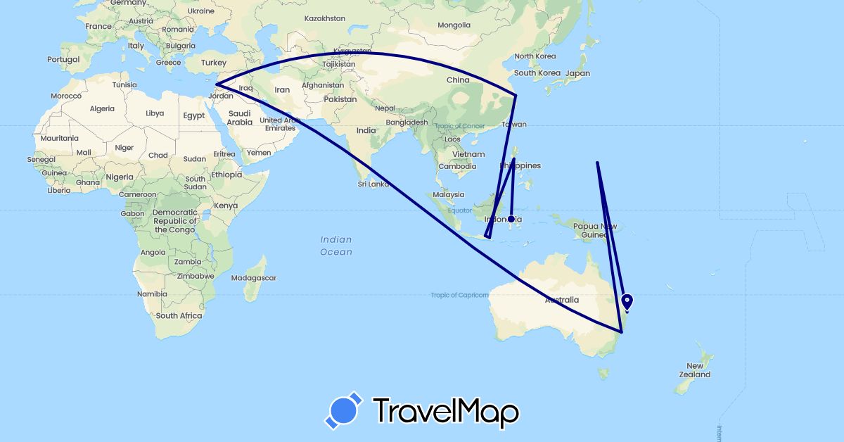 TravelMap itinerary: driving in Australia, China, Indonesia, Lebanon, Philippines, United States (Asia, North America, Oceania)